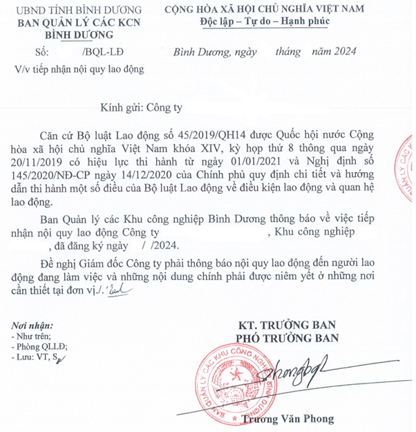 Hình ảnh kết quả thủ tục đăng ký nội quy lao động của doanh nghiệp